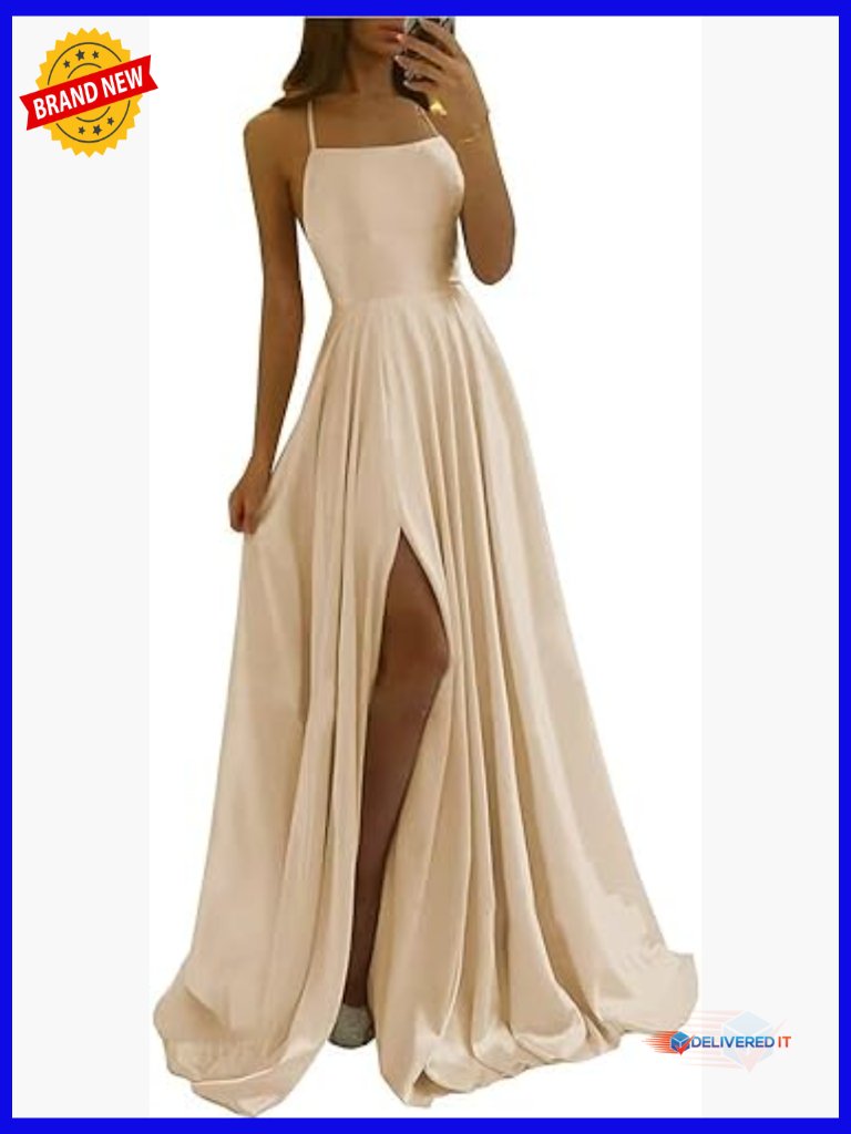 Satin Prom Dress With Pockets Spaghetti Straps A-Line Backless Floor Length